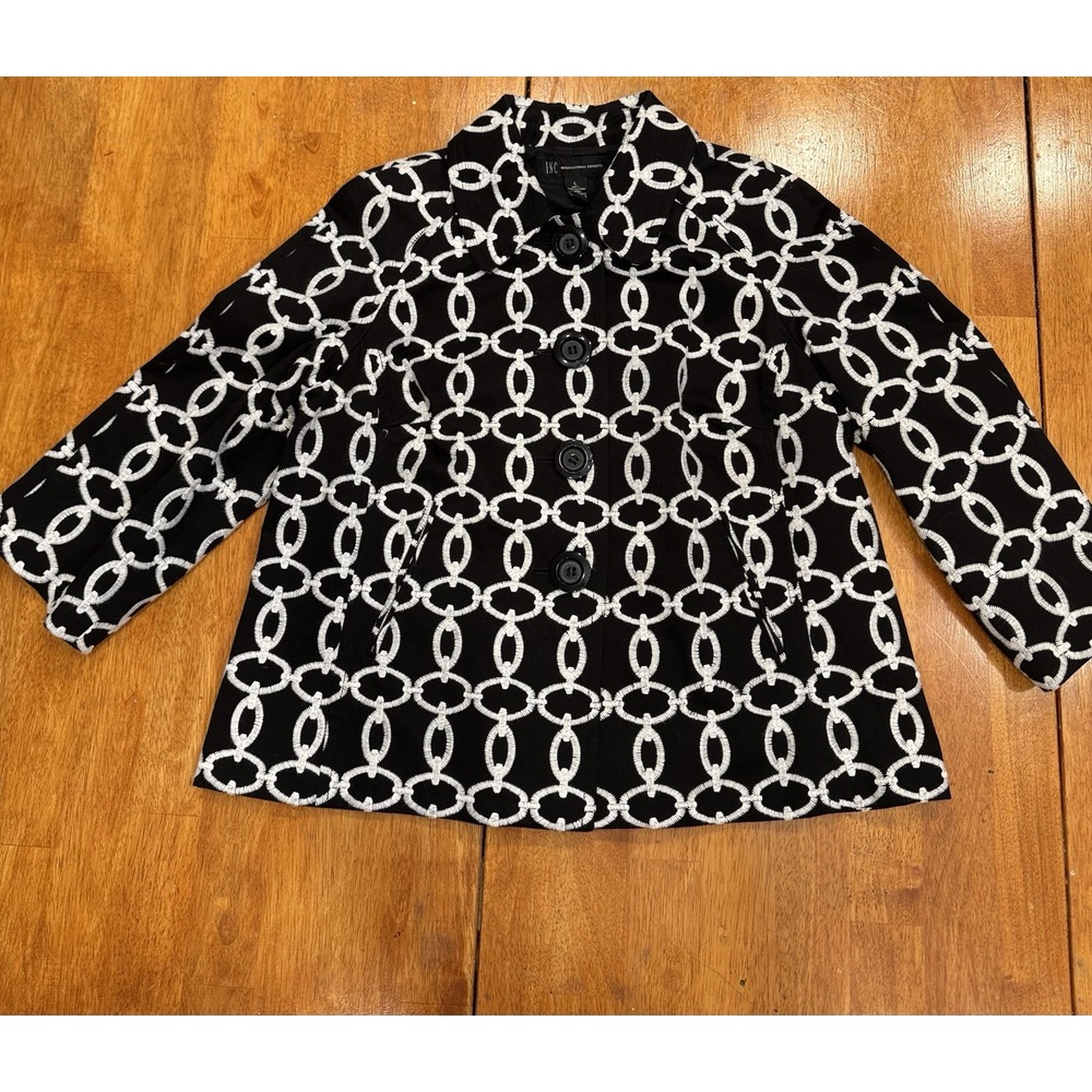INC International Concepts Black White Chain Pattern Blazer Jacket Large Pockets